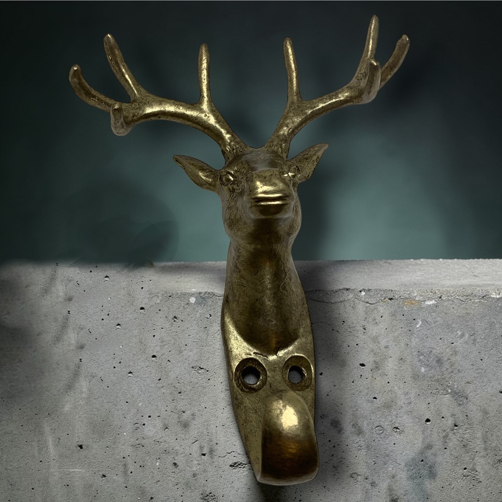 NEW Deer Stag Head Wall Hook Hanger Brass 6" Man Cave Lodge Rustic NWOB